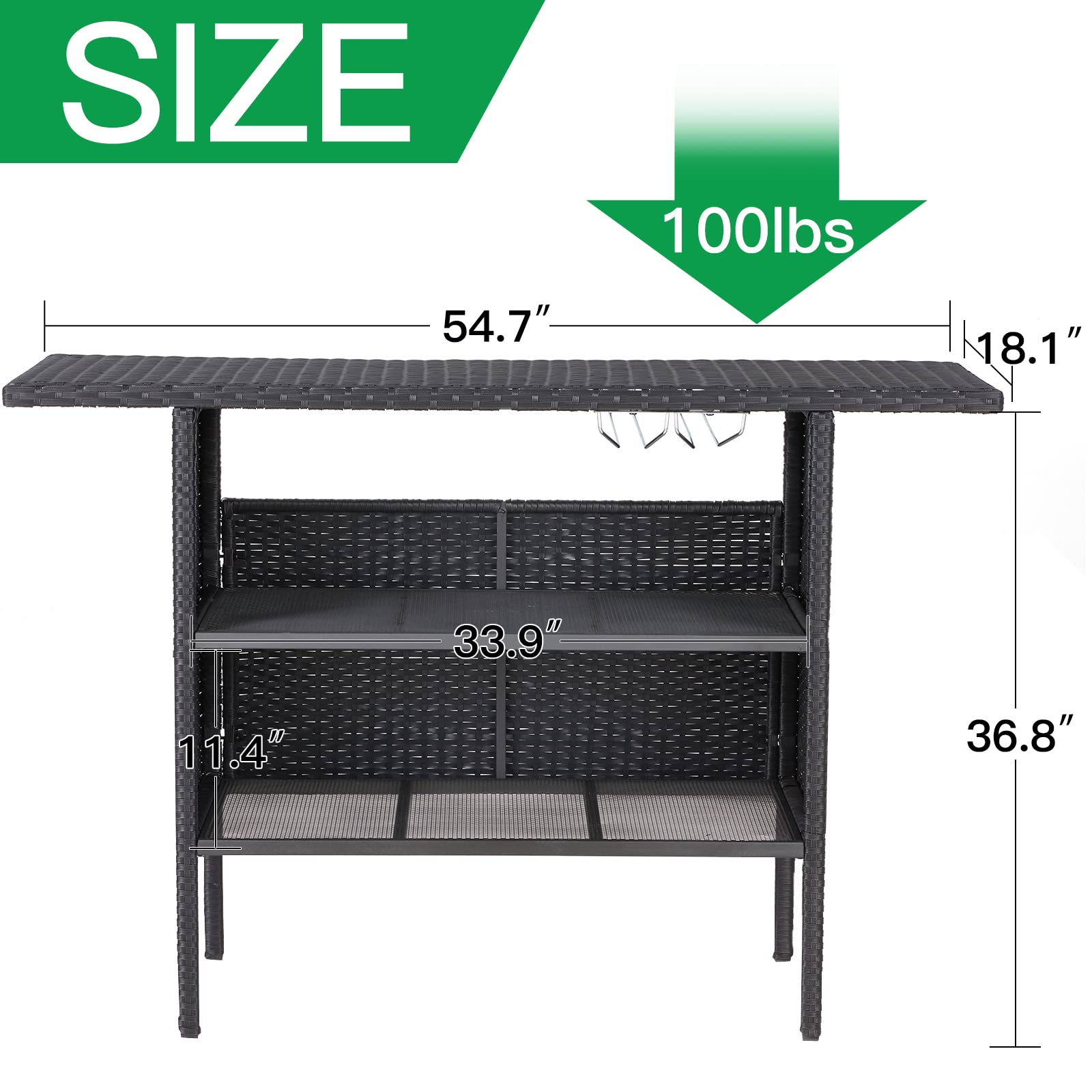 ECOTOUGE Black Wicker Bar Table, Outdoor Patio Console Table Serving Table, Mini Outdoor Bar Patio Counter with Steel Shelves & Hanging Wine Glasses, Ideal for Garden, Backyard