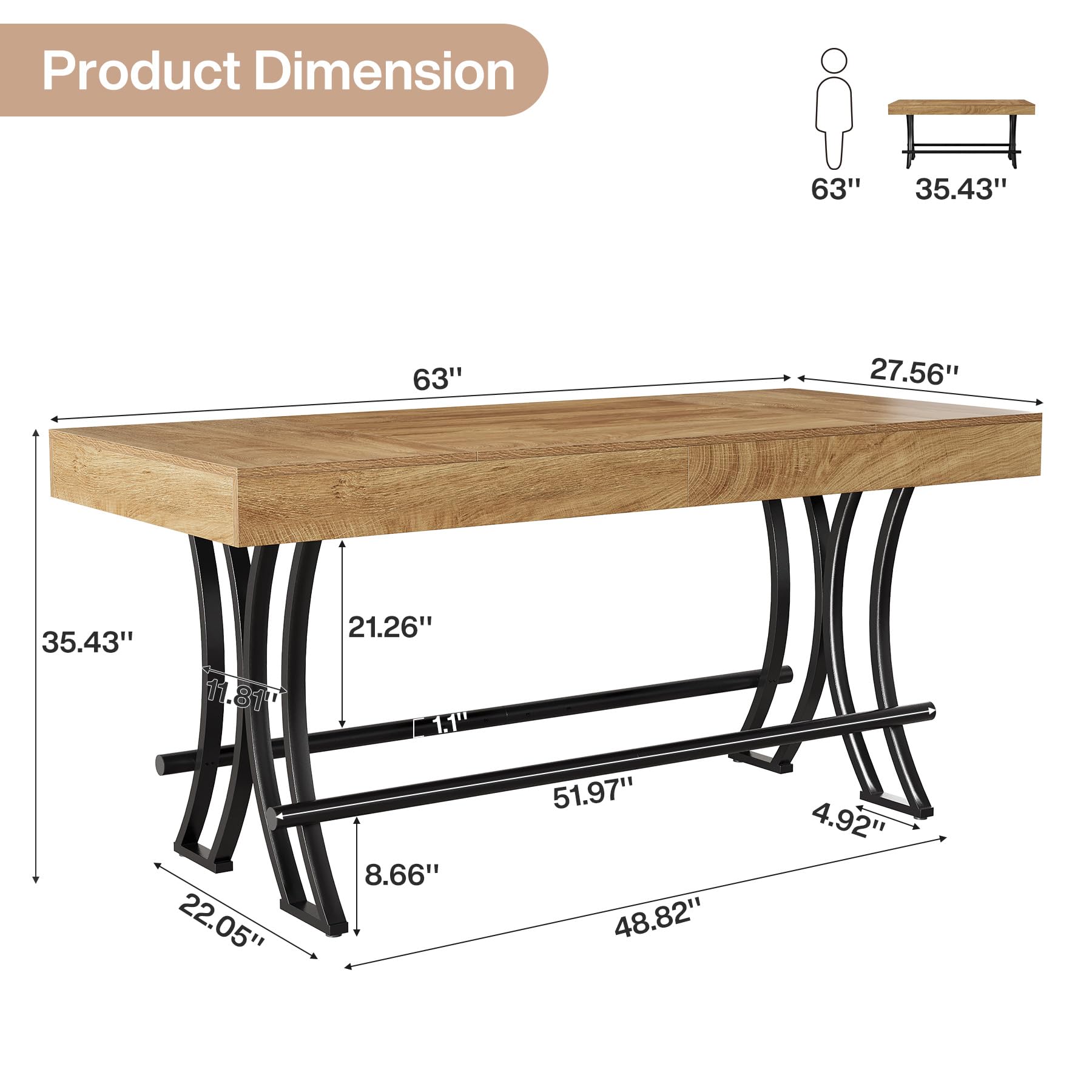 Tribesigns 63" Counter Height Bar Table with Metal Footrest, Rectangular Tall Kitchen Dining Pub Table, Industrial Home Bar Unit for Entertaining, Freestanding, Rustic Brown