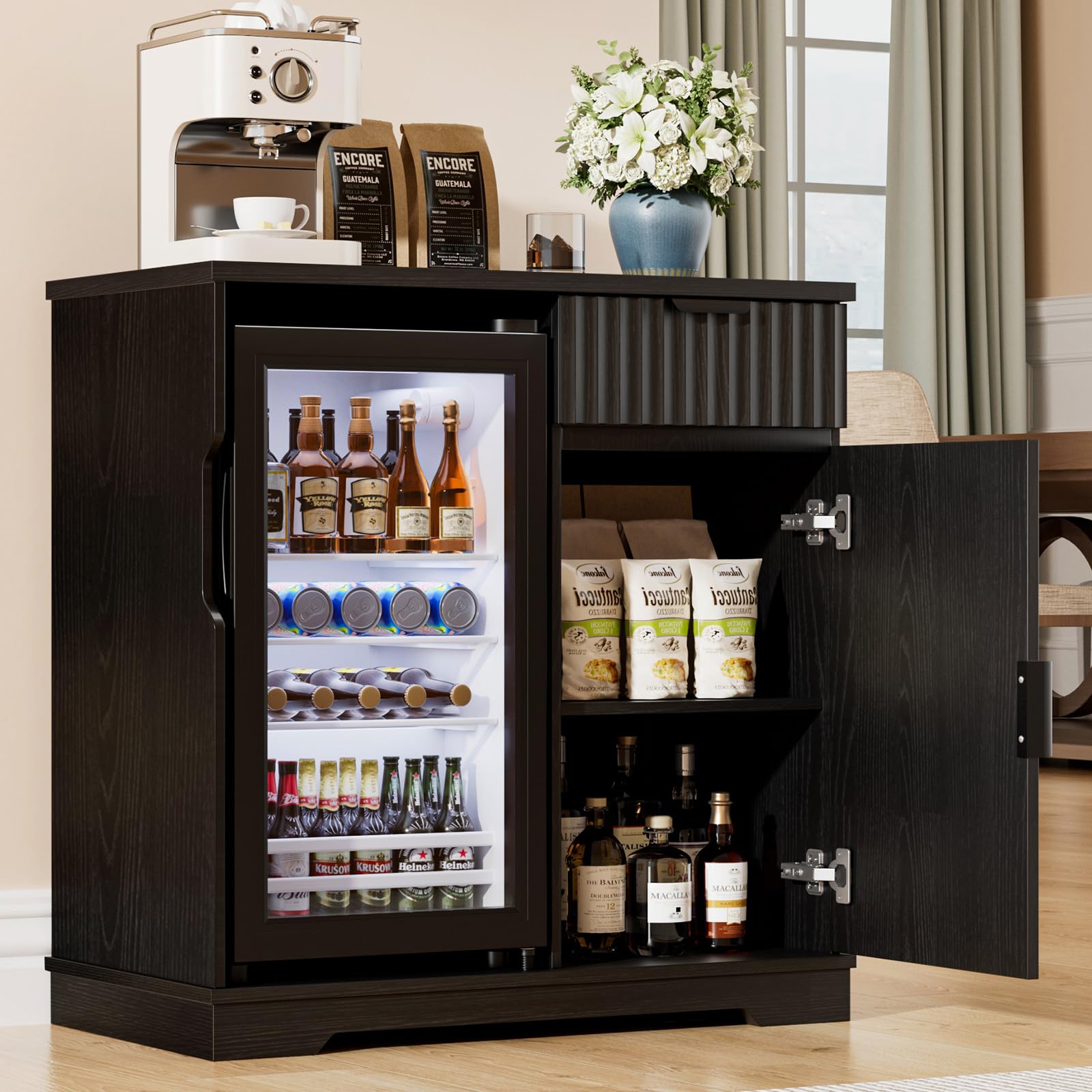Aauro Home Mini Fridge Cabinet (Fridge Included), Fluted Coffee Bar Cabinet with Refrigerator, Pull Out Drawer & Storage Cabinets, 31.5" Liquor Wine Bar Cabinet for Home, Kitchen, Dining Room, Blac