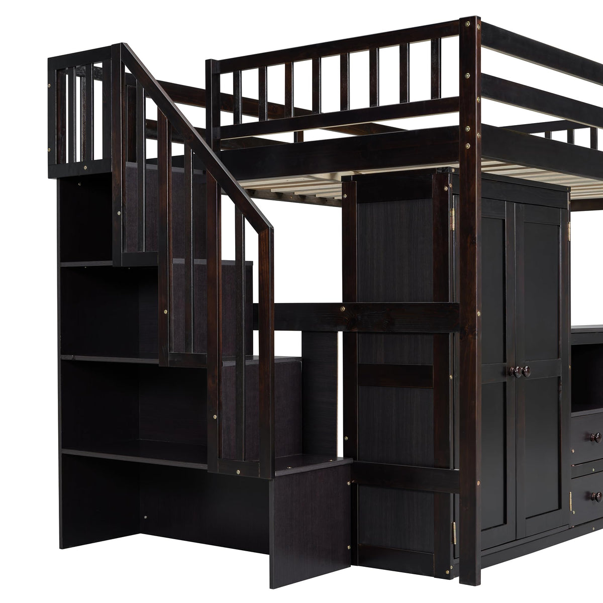 Merax Kids Full Multifunction Loft Bed with Desk/Wardrobe, Wood Storage Loft Bed with Staircase, Bookshelf & Drawers, No Box Spring Needed, Space Saving, Espresso