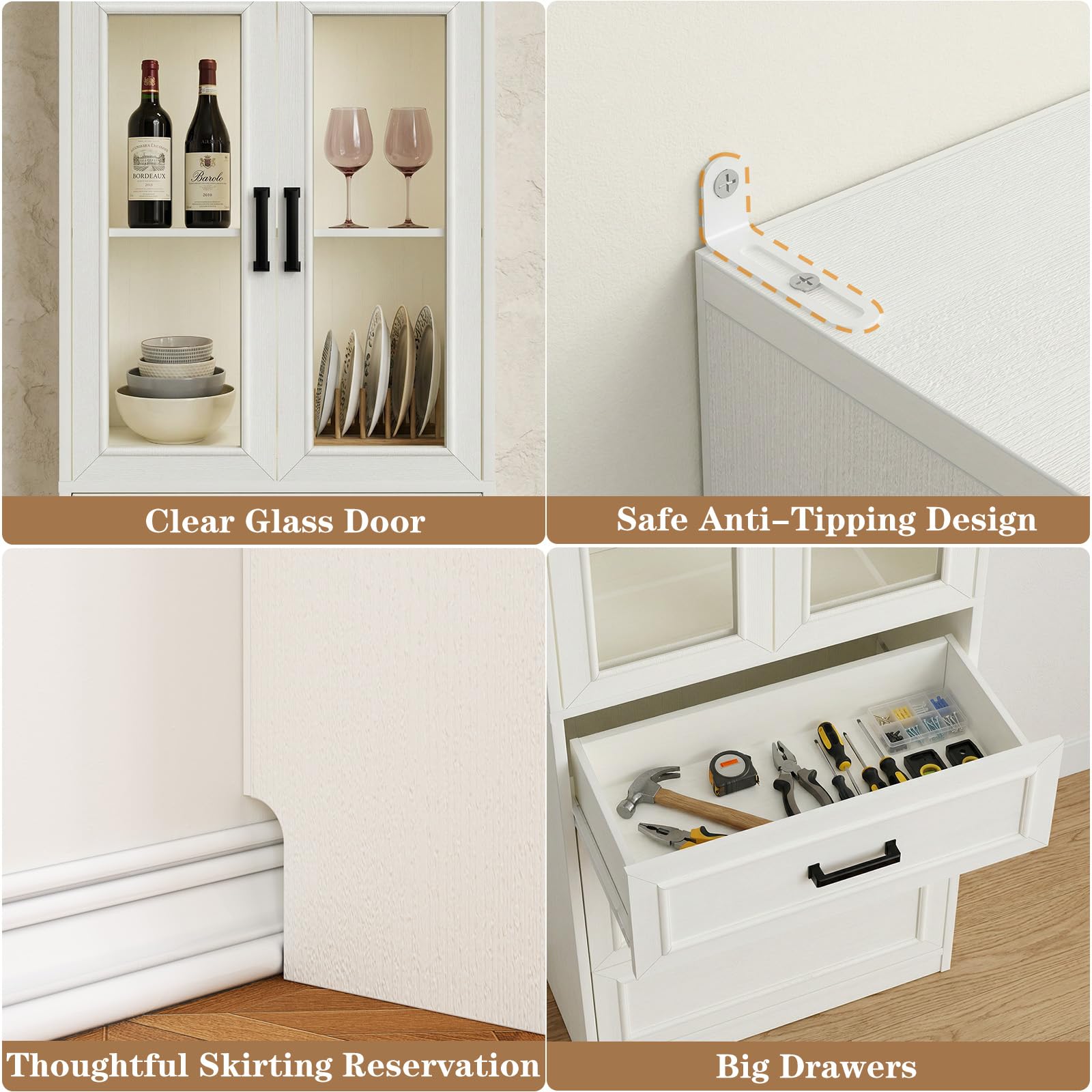 Unikito 80" Tall Kitchen Pantry Storage Cabinet with Glass Doors, Adjustable Shelves & 6 Drawers, Versatile Tall Storage Cupboard for Kitchen, Dining Room, Living Room, Bathroom, Off White