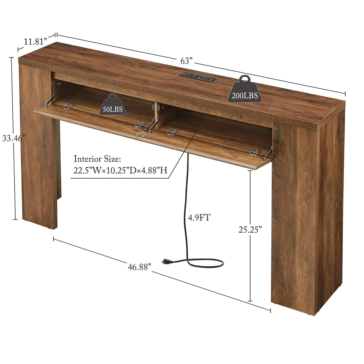 Madison Park Essentials Console Table with Power Outlet & USB Port, 63" Long Narrow Sofa Table with Flip-Top Hidden Storage Shelf, Behind Couch Entryway Hallway Table for Living Room, Warm Brown