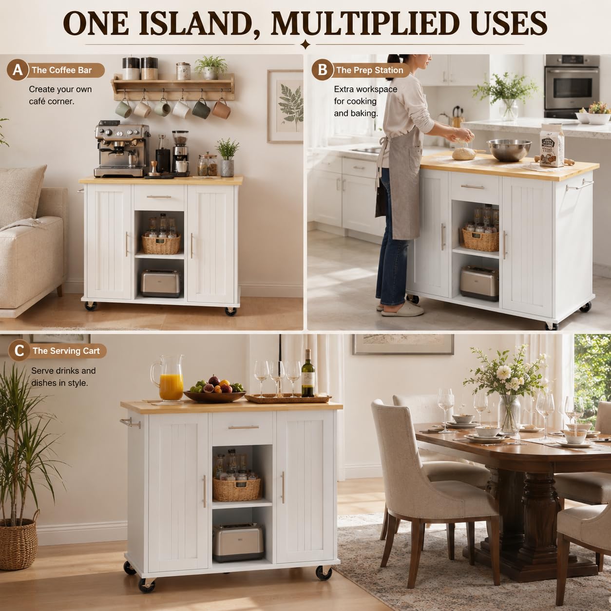 SUNLEI Island Table for Kitchen with Storage, Portable Kitchen Island Cart with Drop Leaf, Rolling Kitchen Island Table with Drawer, Cabinet & Towel Rack, Farmhouse Kitchen Island, White
