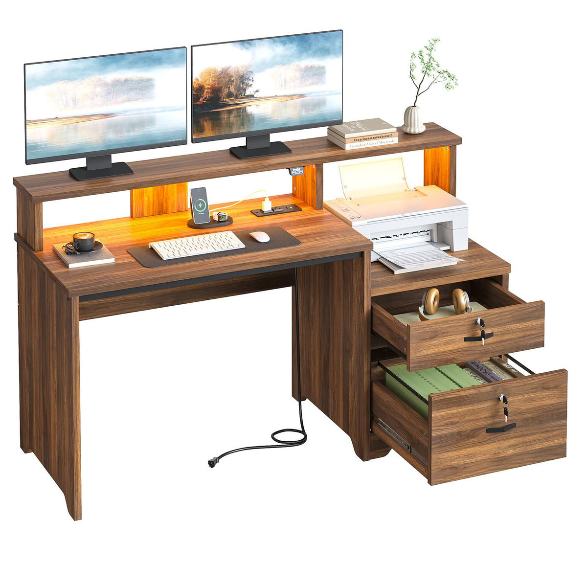 Bestier 55-Inch Computer Desk with Lock File Drawer & Charging Hub, Walnut