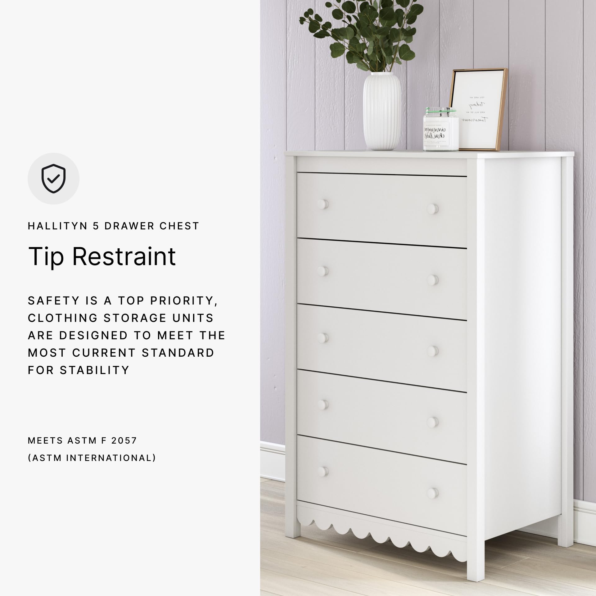 Signature Design by Ashley Hallityn Casual Coastal Chest with Five Smooth-Gliding Drawers, Meets ASTM International Safety Standards, Matte White Finish