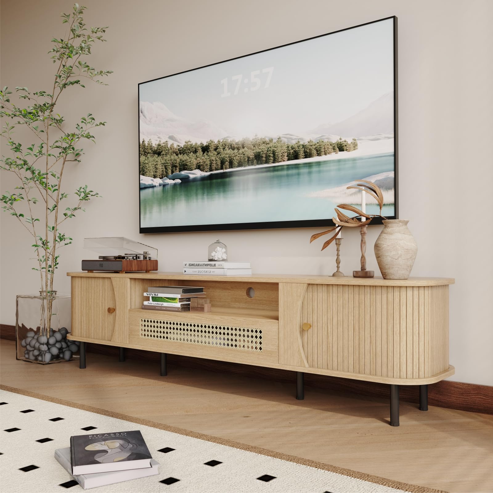 basenji 71" Mid Century Modern TV Stand, Wood TV Consoles with Sliding Doors and Rattan Door, Entertainment Center with Adjustable Shelves, Fluted TV Stands for Living Room, Wood