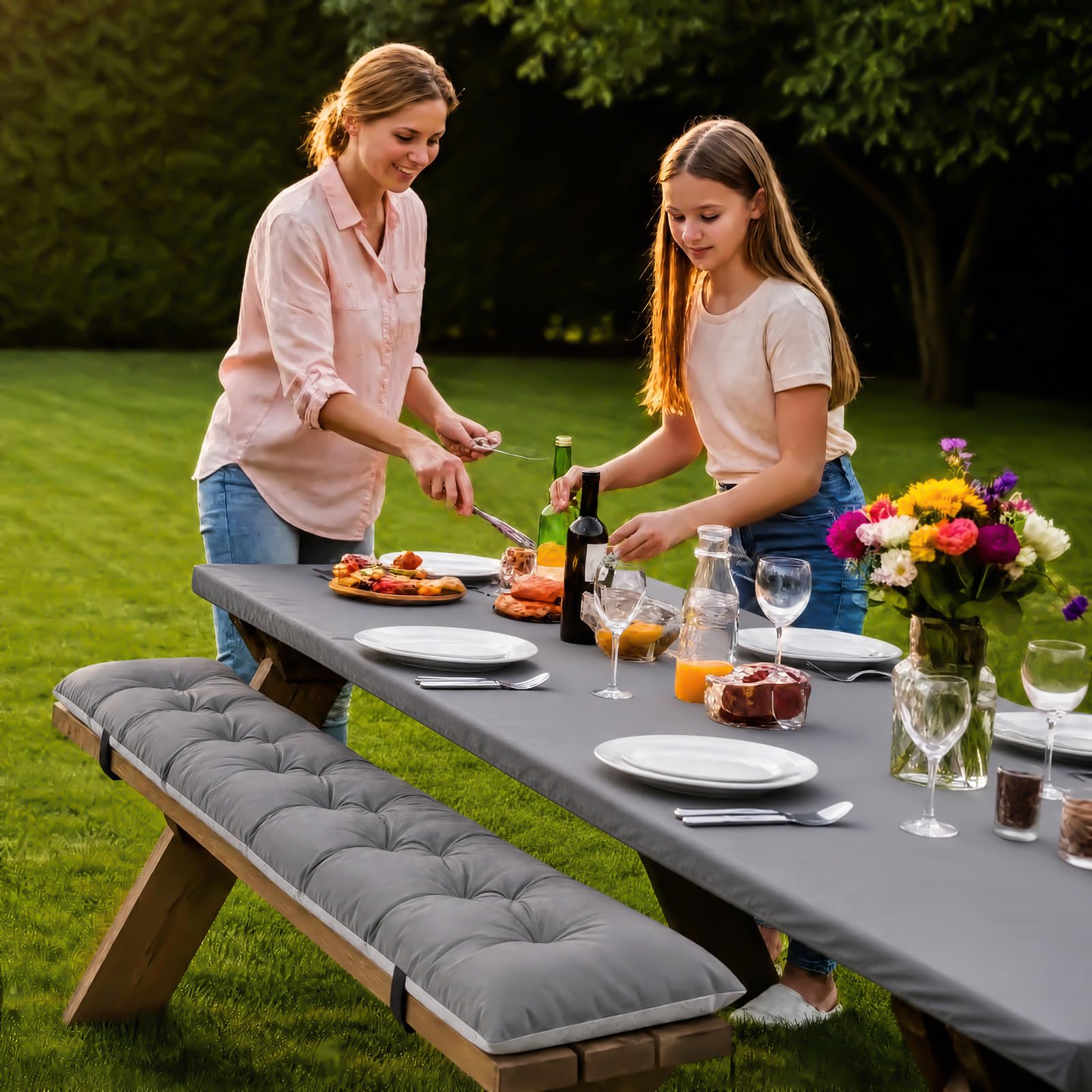 3 Pcs Picnic Bench Cushions with Table Cover Set Outdoor Waterproof Picnic Table Seat Cushion with Straps Buckles 72x10x3 in Elastic Fitted Tablecloths 6ft Rectangle Folding Easy to Carry(Dark Gray)