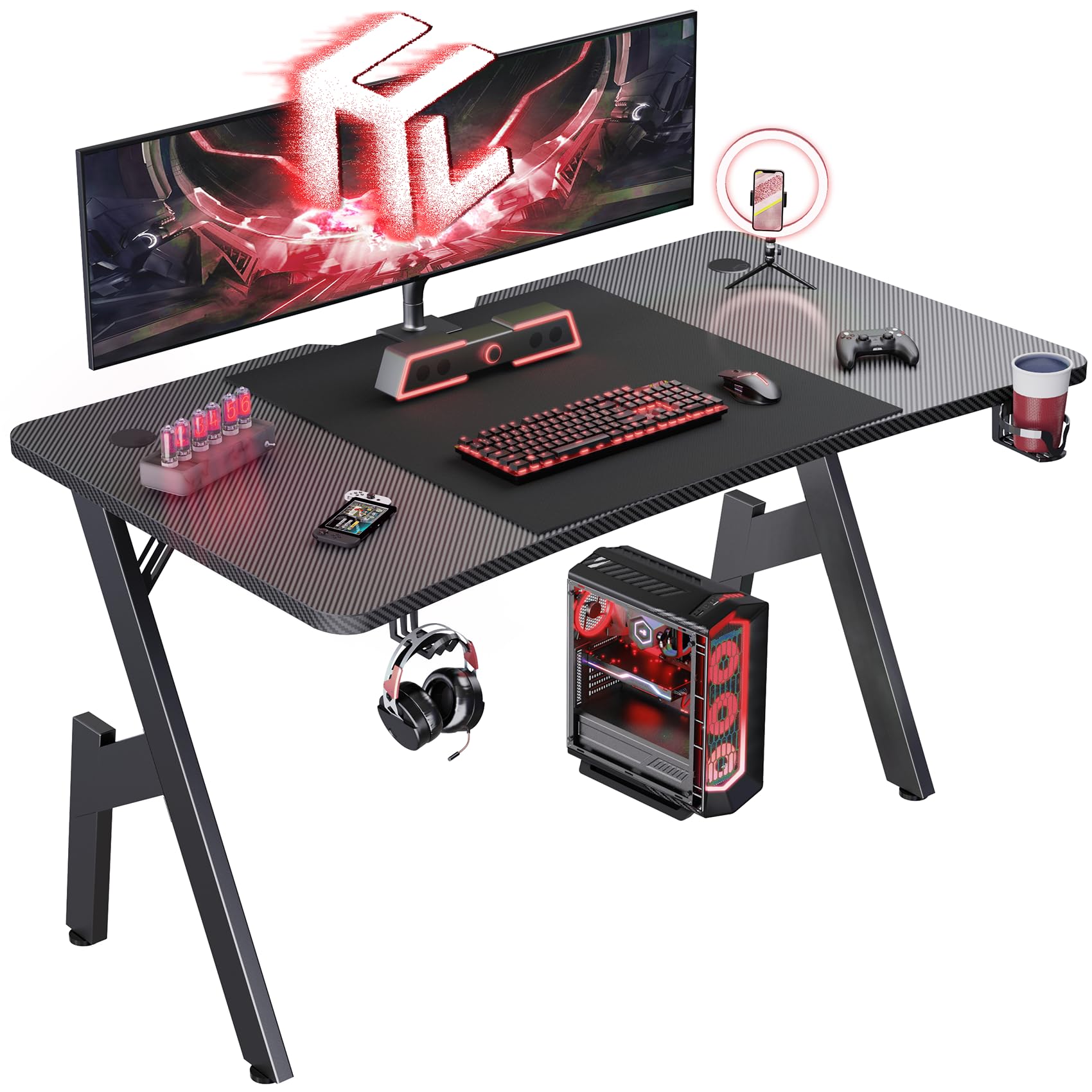 HLDIRECT 47 Inch Gaming Desk, Large Computer Gaming Desk Table with Cable Management, Ergonomic Carbon Fiber Gamer Table Pc Work Home Office Desks with Cup Holder & Headphone Hook & Mouse Pad, Black
