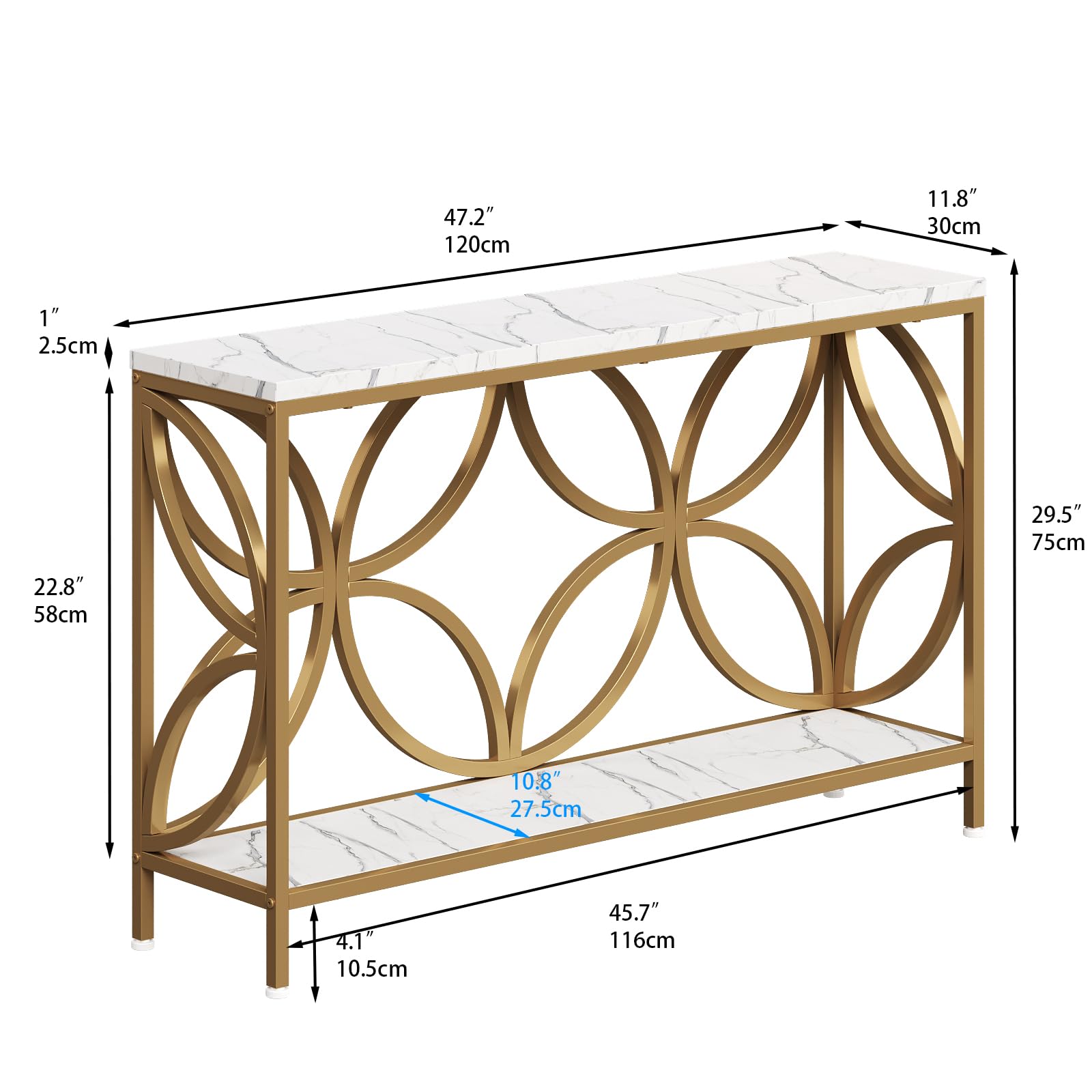 GiftGo Narrow Sofa Table 47.2 Inch, Industrial Sofa Table Behind Couch, Vintage Entry Console Table with Storage for Entryway, Living Room, Foyer, Elegant Design (White and Gold, 47.2)