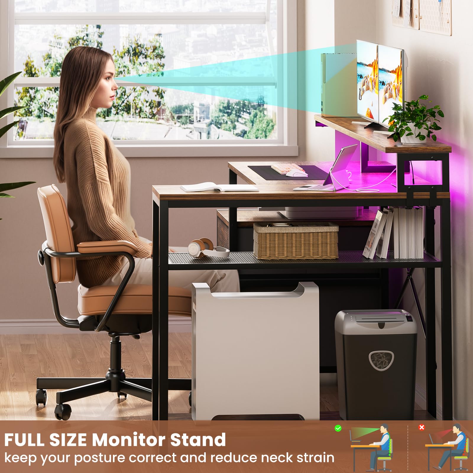 Aheaplus L Shaped Desk with File Drawer, Reversible L Shaped Computer Desk Gaming Desk with Power Outlet & LED Strip, Home Office Desk Corner Desk with Monitor Shelf, Storage Shelves, Rustic Brown