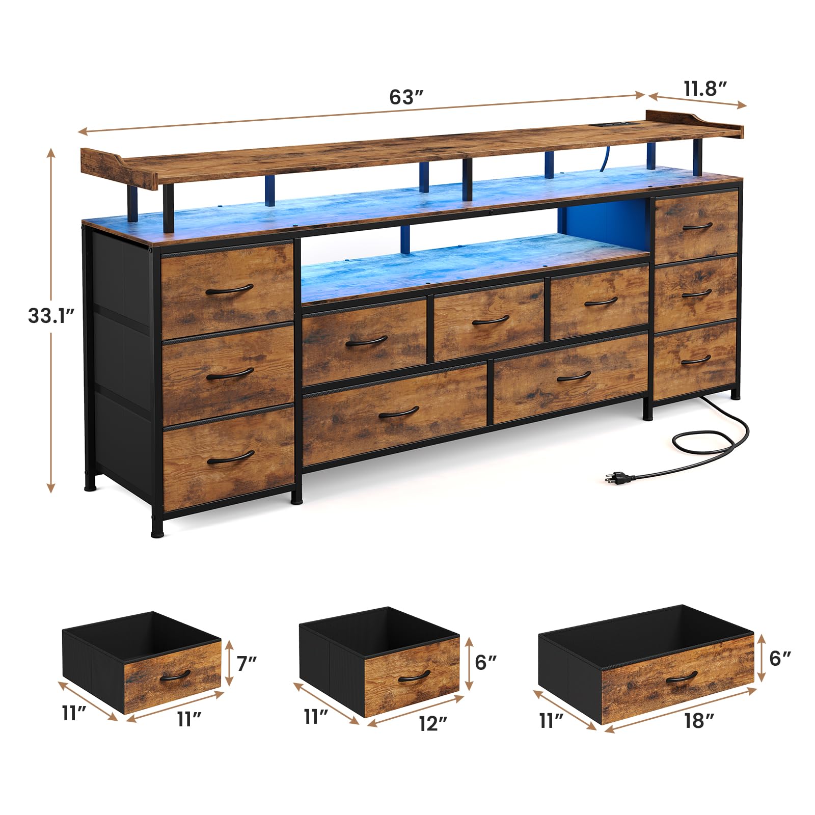 ADORNEVE TV Stand for 65 Inch TV, 63" W Large Entertainment Center with LED Lights & Charging Station, Long Dresser with 11 Fabric Drawers & Open Shelves for Bedroom,Living Room,Rustic Brown