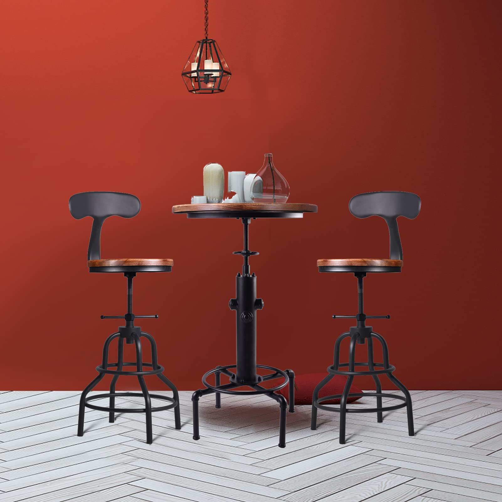 3-Piece Fire Hydrant Table & Chair Sets for Pub Bar Party Bistro Cafe Cocktail, Weld Metal Legs Round Wood Top, Rustic Brown Industrial Black Adjustable Swivel (1×32.3"-36.2" Table, 2×20"-27" Stool)