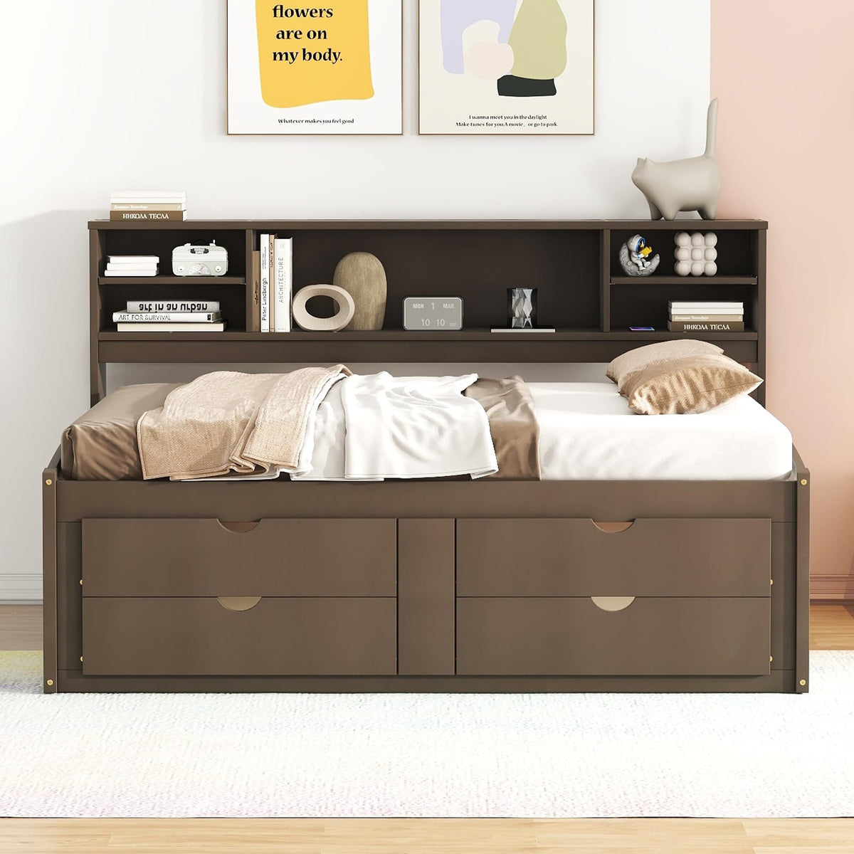 SOFTSEA Full Size Daybed with Storage Drawers and Bookcase Headboard, Wood Corner Bed with Storage Cabinets, Full Captains Bed for Small Space, No Box Spring Needed, Antique Brown