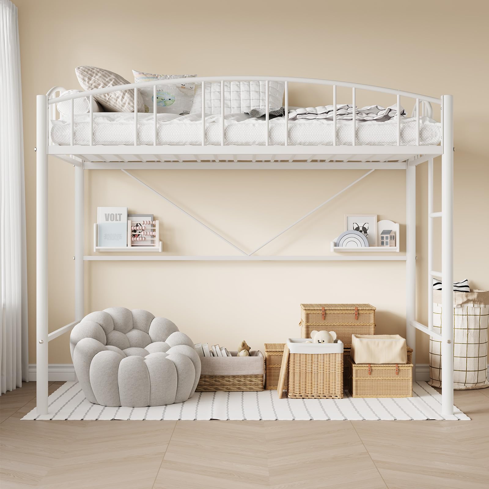 Twin Size Metal Loft Bed Frame with Arched Guardrail & Safety Ladder
