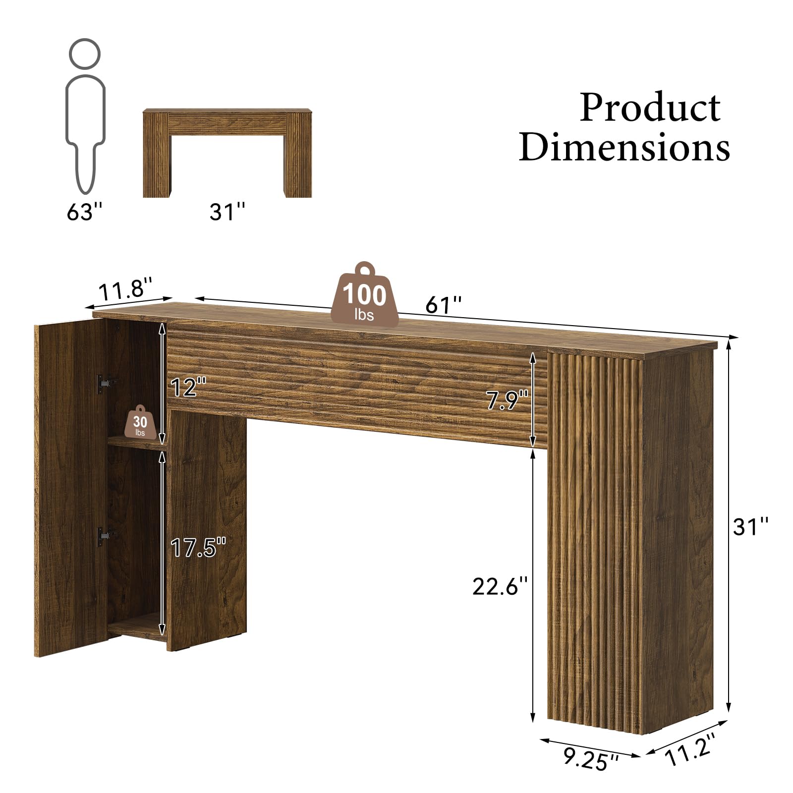 FABATO 61'' Fluted Long Console Table, Wooden Rectangular Sofa Table Behind The Couch, Narrow Entryway Table with 2 Hidden Storage Cabinets for Entrance, Hallway, Living Room, Foyer, Brown