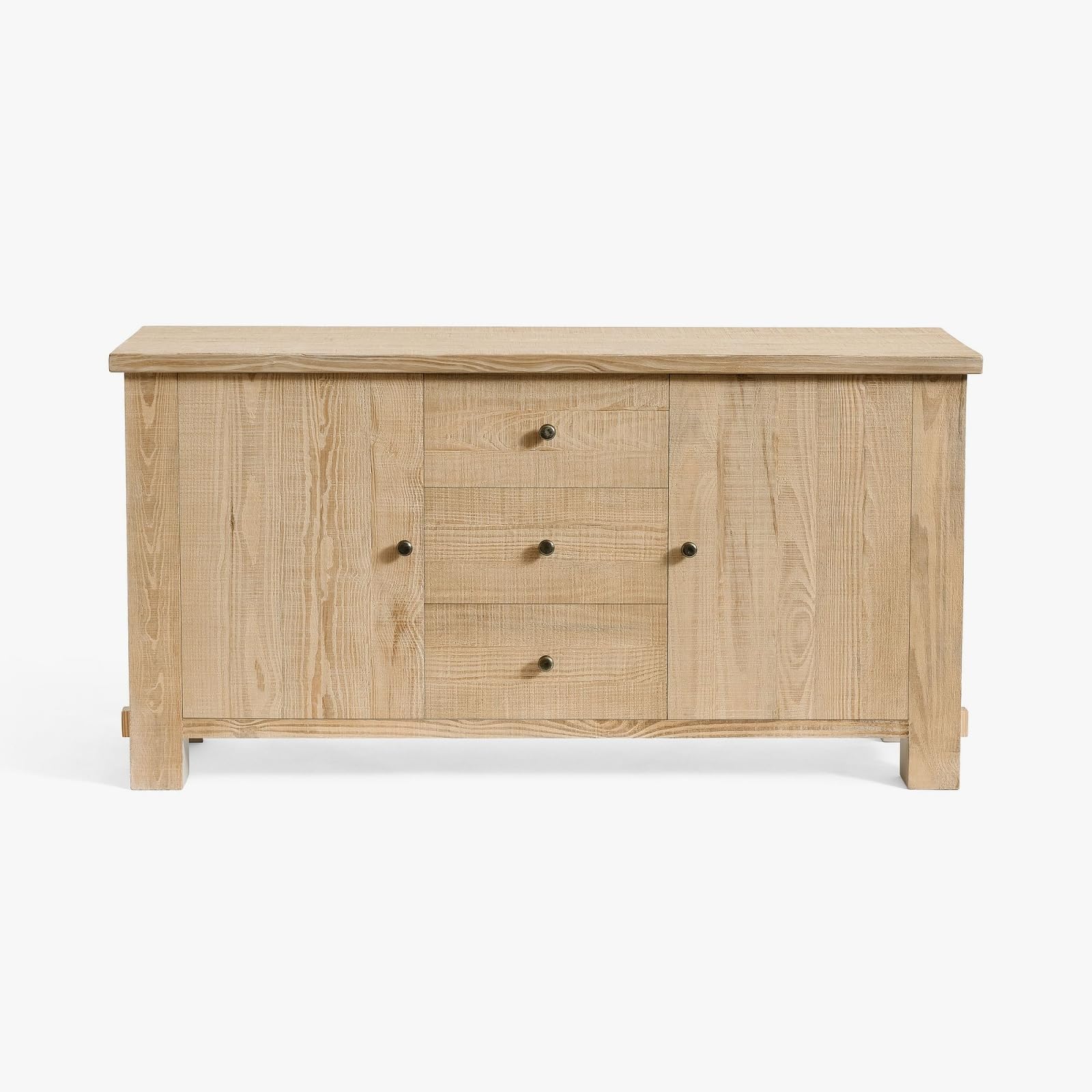 66" Reclaimed Pine Sideboard Buffet, Pale Sand Finish Credenza with 3 Drawers, 2 Doors & Cord Cutouts, Farmhouse Style, Natural Oak