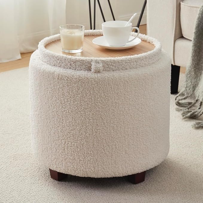 Round Storage Ottoman with Tray