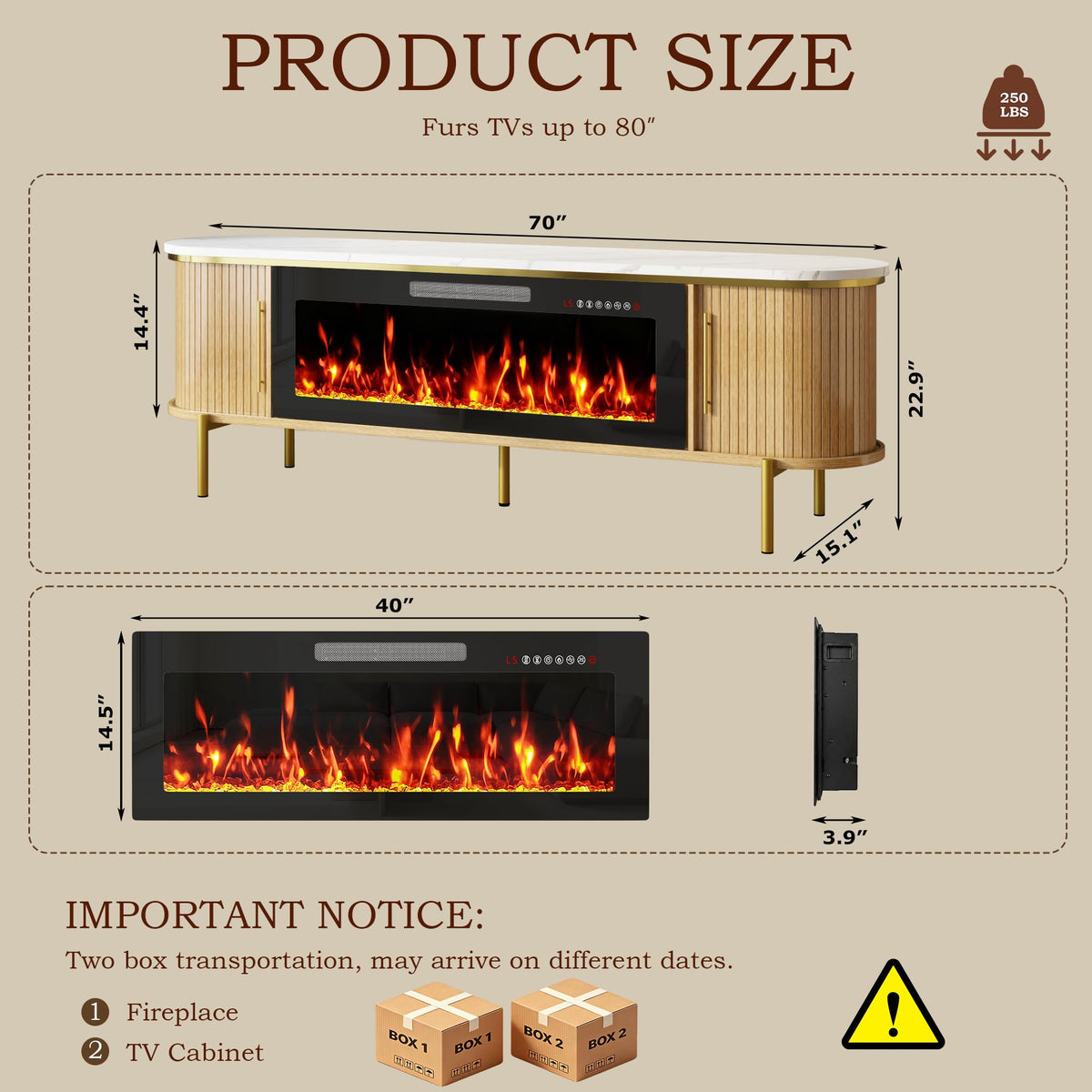 PRETZI 70" Fluted Fireplace TV Stand w/40 Electric Fireplace for 80" TVs