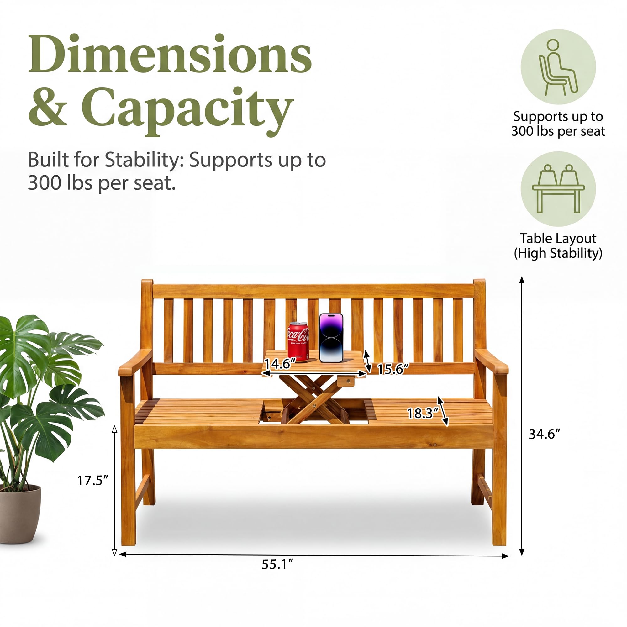 Acacia Wood Outdoor Bench with Pull-Out Center Table