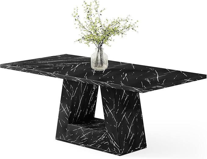 63" Rectangle Dining Table | Faux Marble Top | Triangle Pedestal Base