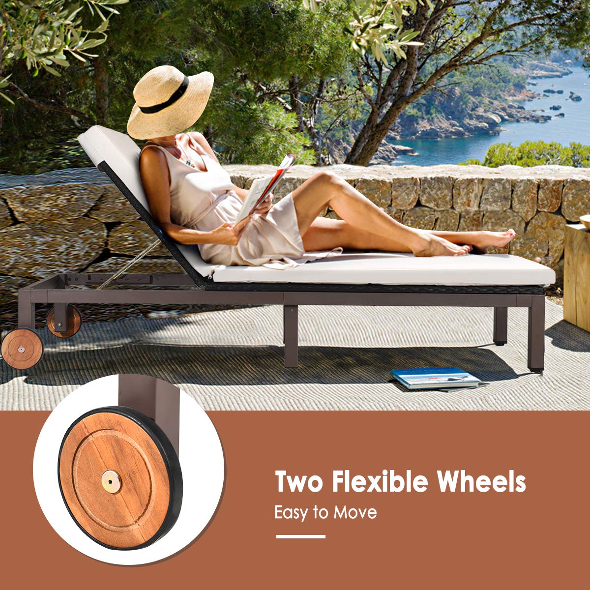 DORTALA Outdoor Pool Chaise Lounge Chair, Metal Rattan Lounger Recliner Chair W/Wheels, Folding Wicker Chaise Chair W/Cushioned Seating, White