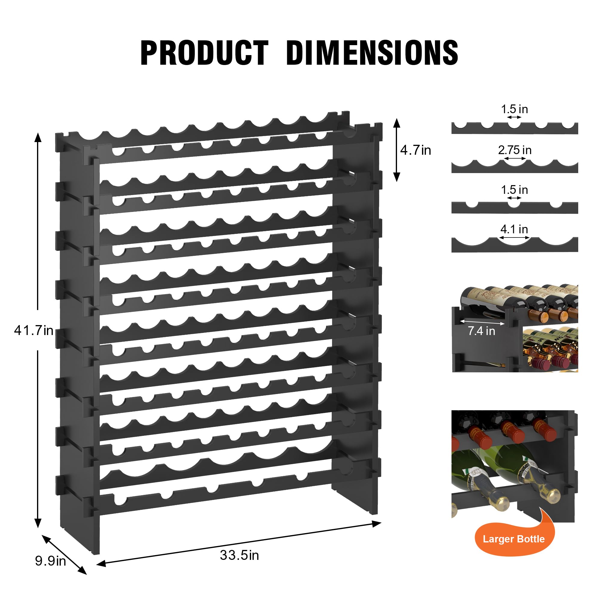 WISUCART Wine Rack Freestanding Floor Bamboo Stackable Wine Storage Racks Wall Mounted, Modular Wine Bottle Stand Holder Display Shelf for Cabinet, Kitchen, Bar (Black)