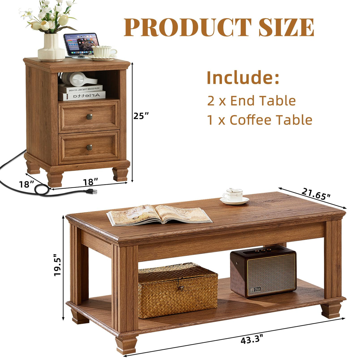 SAVOR LIFE Farmhouse Coffee and End Table Sets, Brown