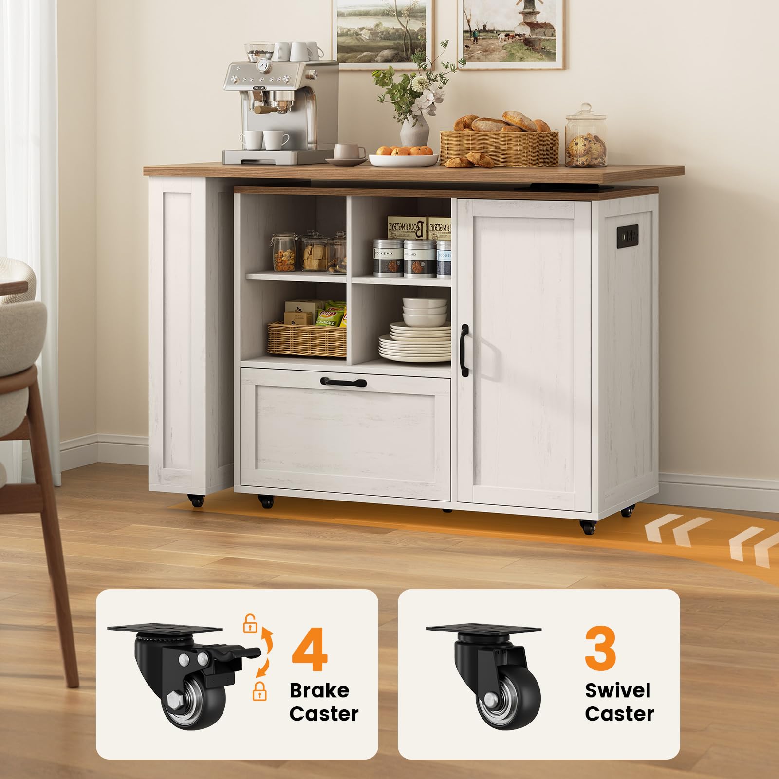 PIXOURA 72" Rolling Kitchen Island Cart with 360° Swivel Tabletop & Power Outlet, Farmhouse Mobile Kitchen Island Storage Cabinet on Wheels with Drawers, Spice Rack for Dining Room,Home Bar,White