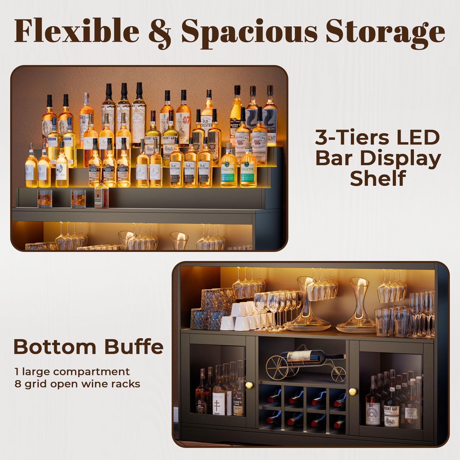 Loomie Wine Bar Cabinet with LED Lighted Liquor Bottle Display Shelf, Liquor Cabinet with Glass Holder, Coffee Bar for Liquor, Storage Buffet with Wine Racks, Wine Cabinet with Door (Black)