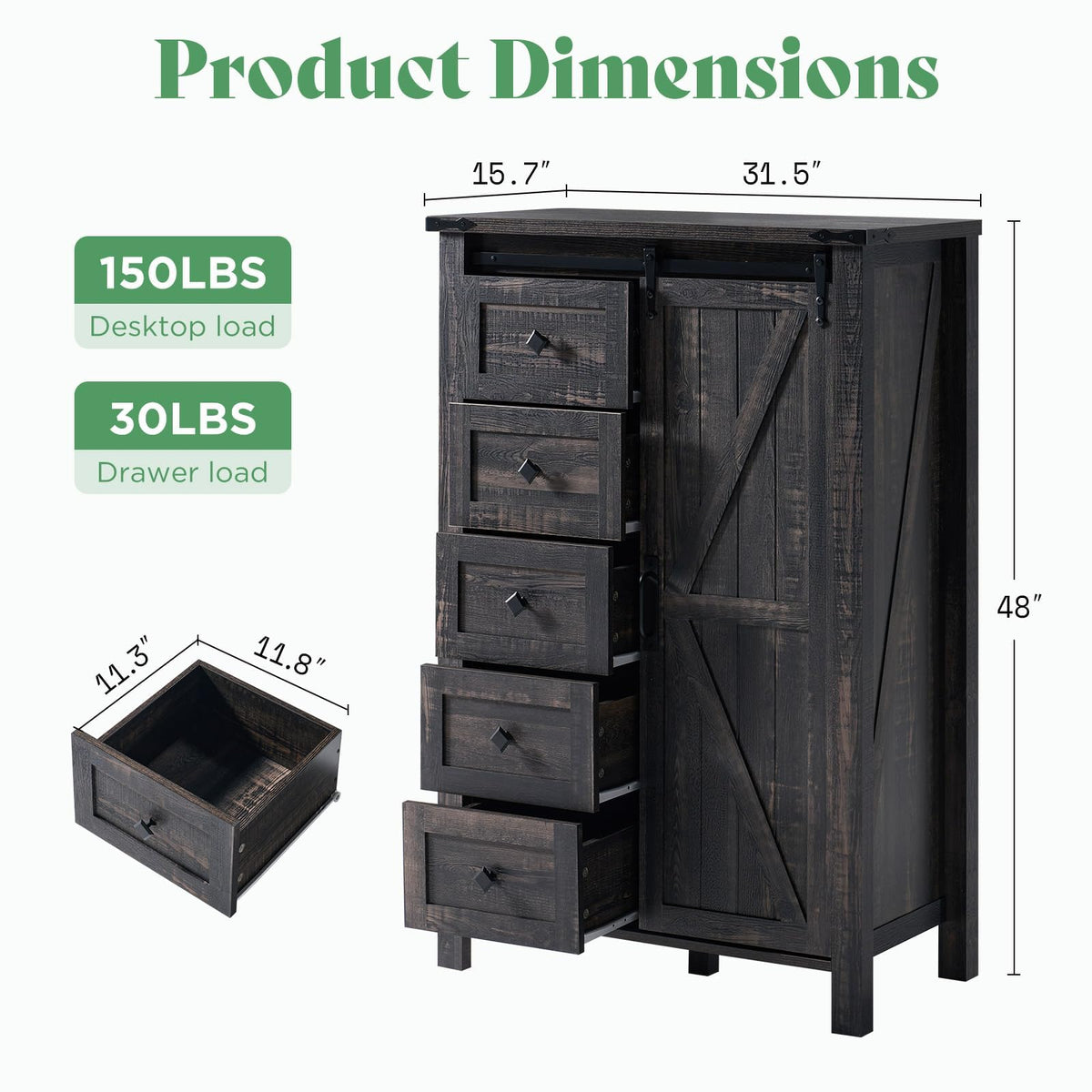 AMERLIFE 3-Piece Black Farmhouse Bedroom Set with Full Bed & 2 Dressers