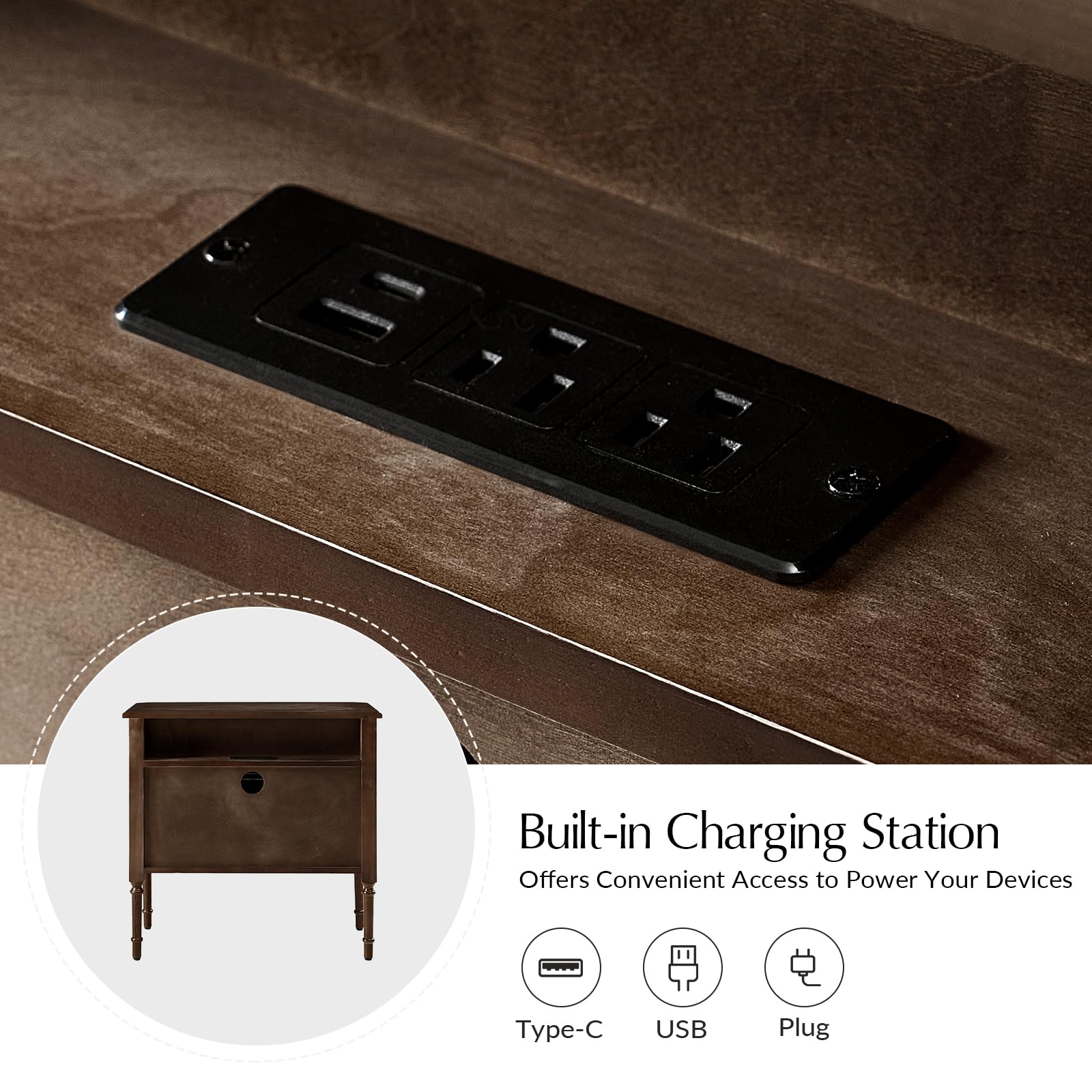 HULALA HOME Solid Wood End Table with Charging Station, Mid-Century Modern End Table with 2 Drawer, Adjustable Solid Wood Feet, Easy Assembly Set of 2, Walnut