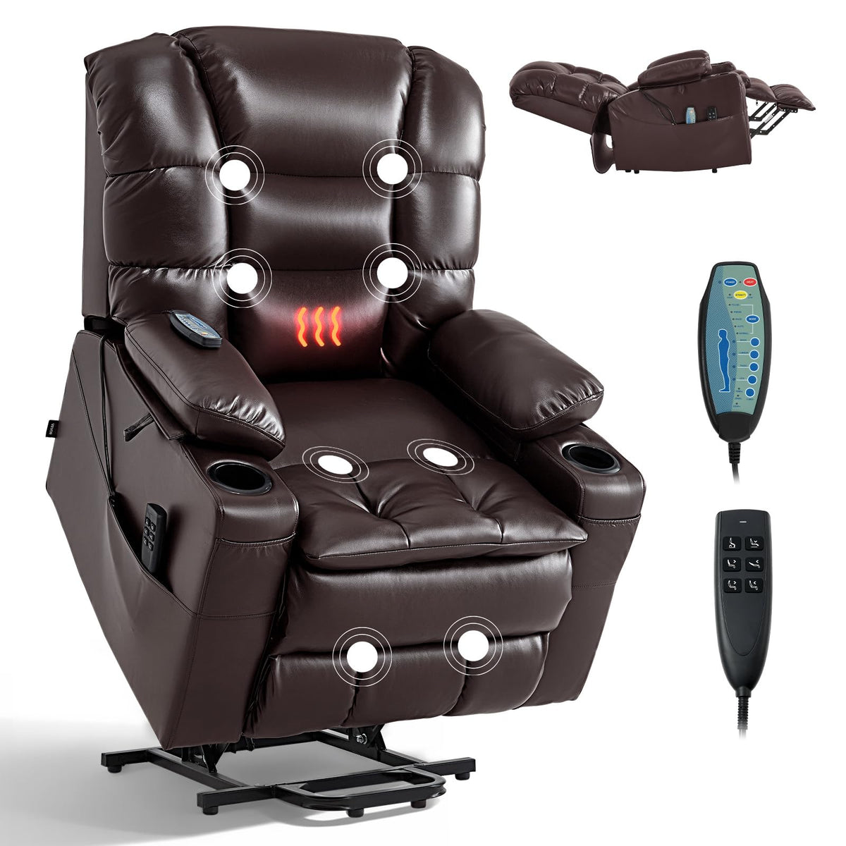VEVOR Triple Motor Power Lift Recliner Chair, Large Lift Chair with Heat and Massage for Elderly, Position Adjustable, Leather Surface with Storage Pockets and Cup Holders, Brown