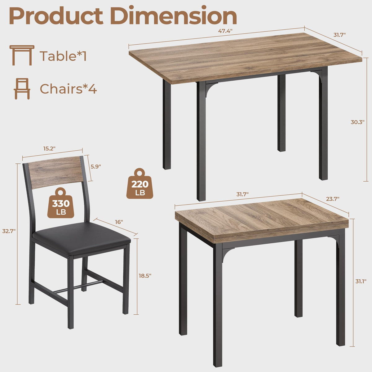 IRONCK Dining Table Set for 4, Extendable Kitchen Table Chairs Set of 4