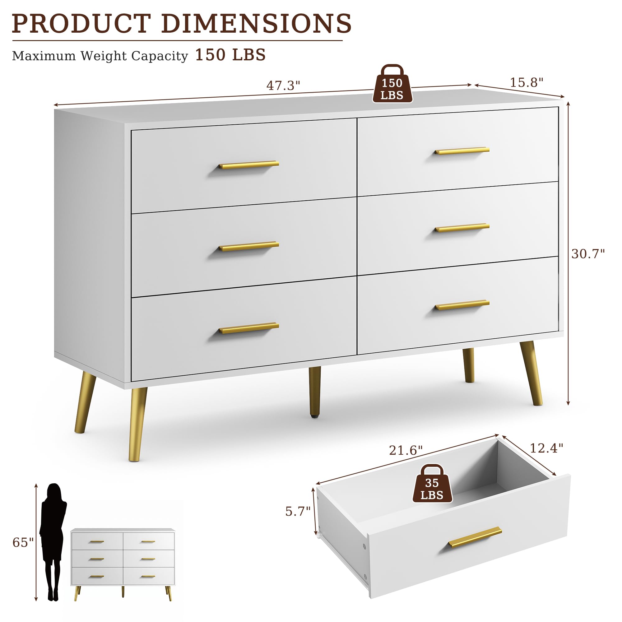 CARPETNAL White Dresser for Bedroom, 6 Drawer Dresser with Wide Drawers and Gold Metal Handles, 47” Wood Dressers & Chests of Drawers for Hallway, Entryway.