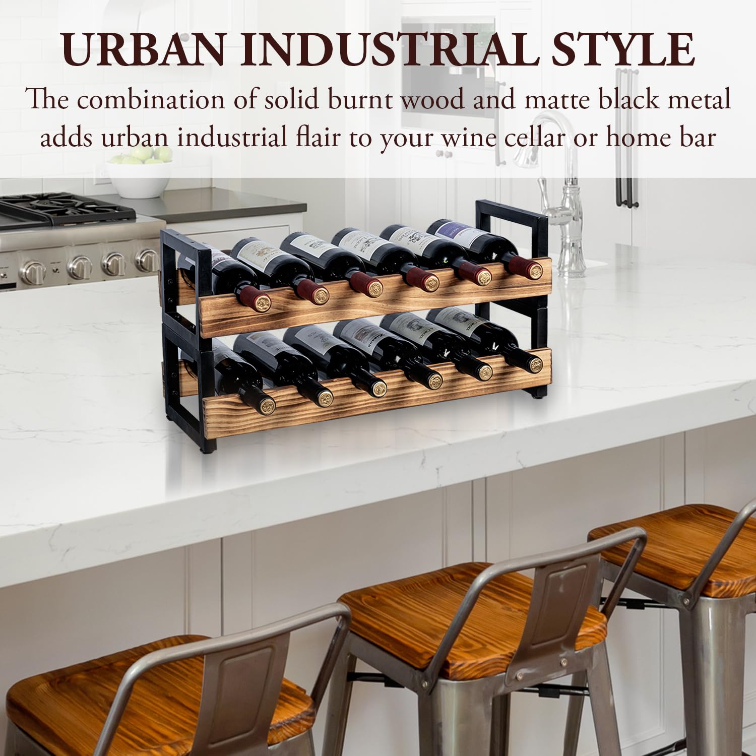 MyGift 6-Tier Wine Rack for 36 Bottles – Freestanding Industrial Wine Bottle Holder with Burnt Wood Shelves & Black Metal Frame – Large Horizontal Storage Stand for Home Bar, Kitchen, Cellar