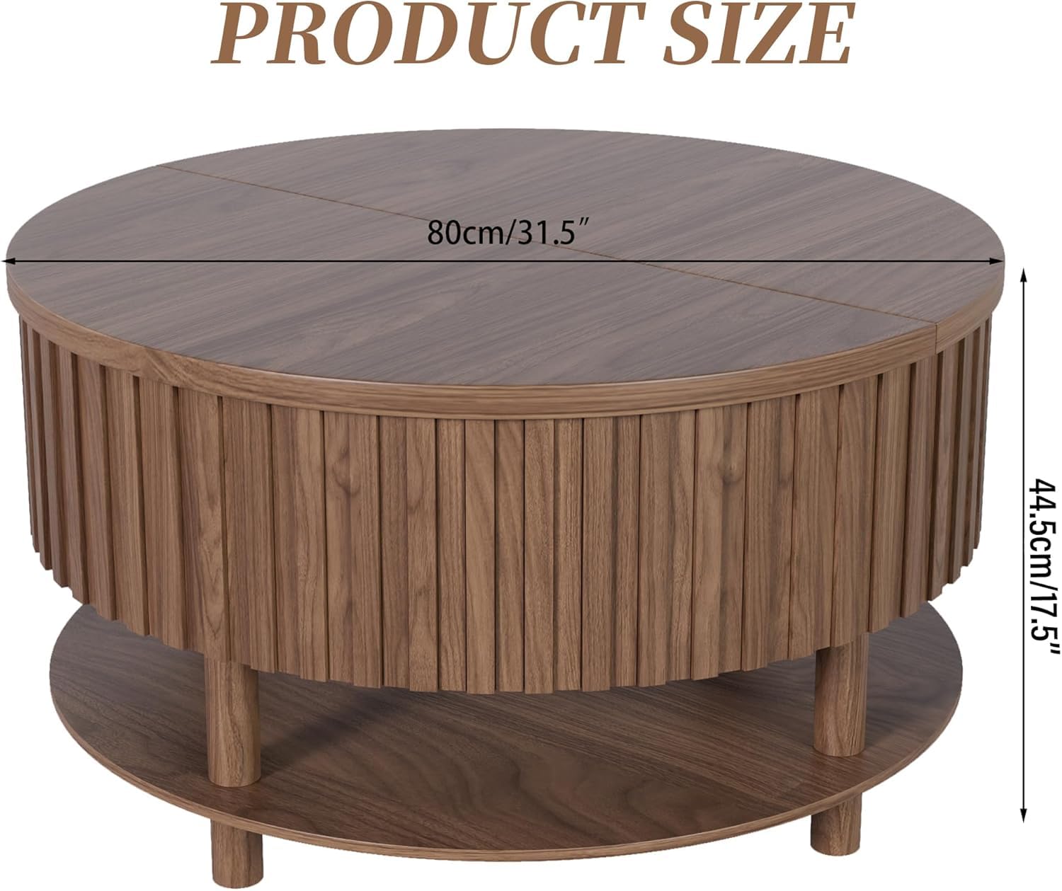 Limaoaio Round Lift Top Coffee Table with Storage, Mid Century Modern 2-Tier Circle Coffee Table with Hidden Compartment & Open Shelf, Fluted Wood Center Table for Living Room, Walnut