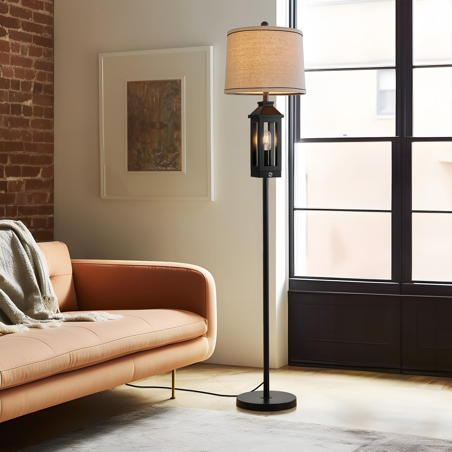 G-SAFAVA 63" Floor Lamps for Living Room Bedside Nightstand Lamp All Black Tall Standing Lamp for Home Decor Bedroom Reading Lamp Farmhouse Rustic Bed Lights with 2 Light Sources (2 Bulbs)