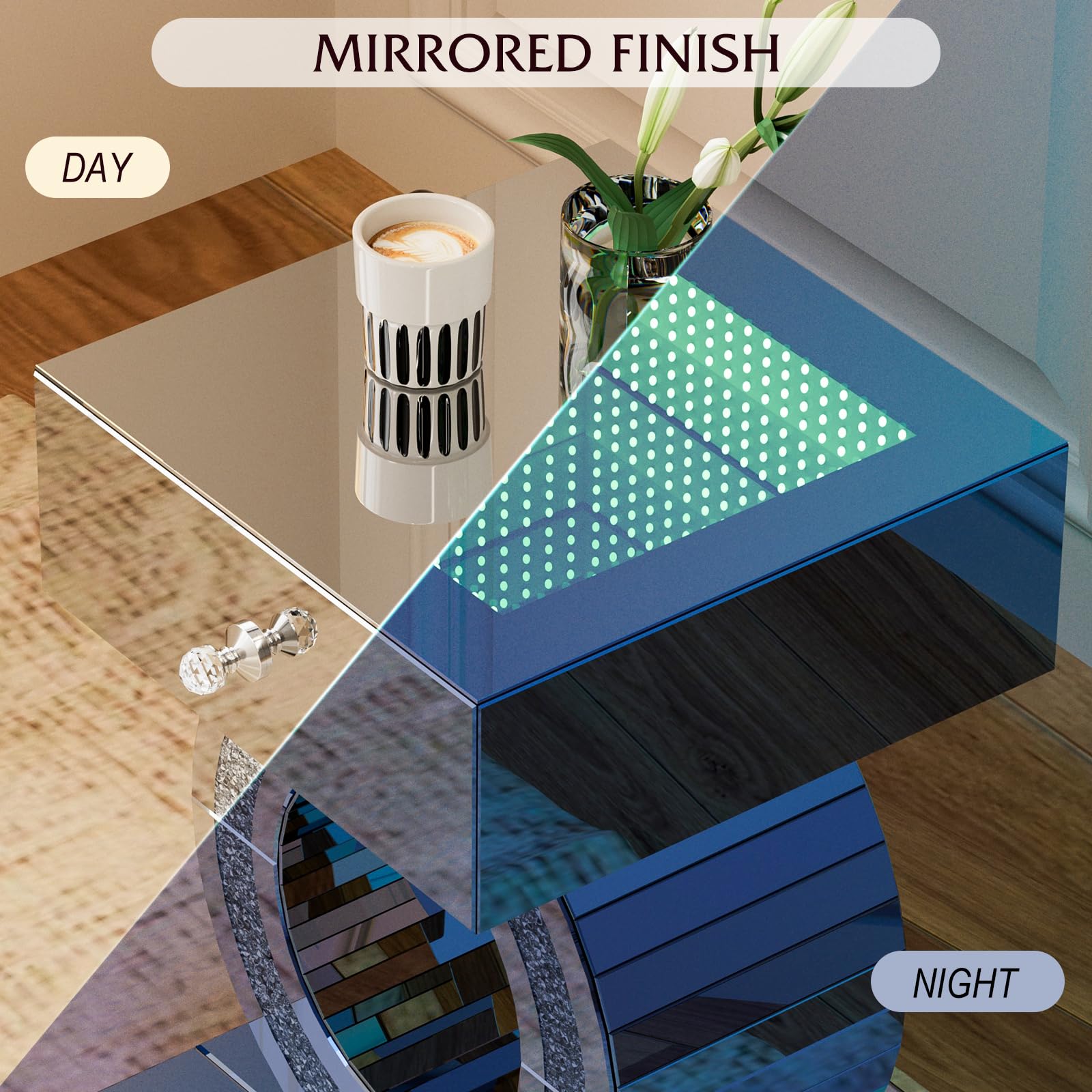 IKIFLY Mirrored End Table with LED Light, Mirrored Accent Nightstand with Drawer, Silver Crushed Diamond Side Table with O-Shaped Base for Living Room, Bedroom and Office (Remote Control Included)