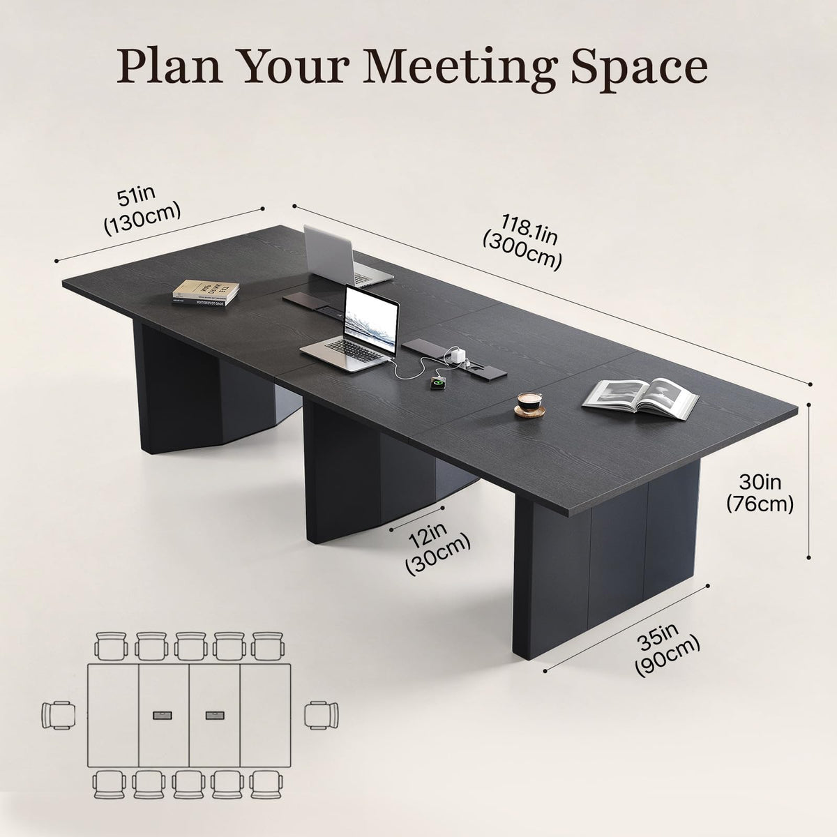10FT Large Conference Table with Cable Management Boxes for Boardroom