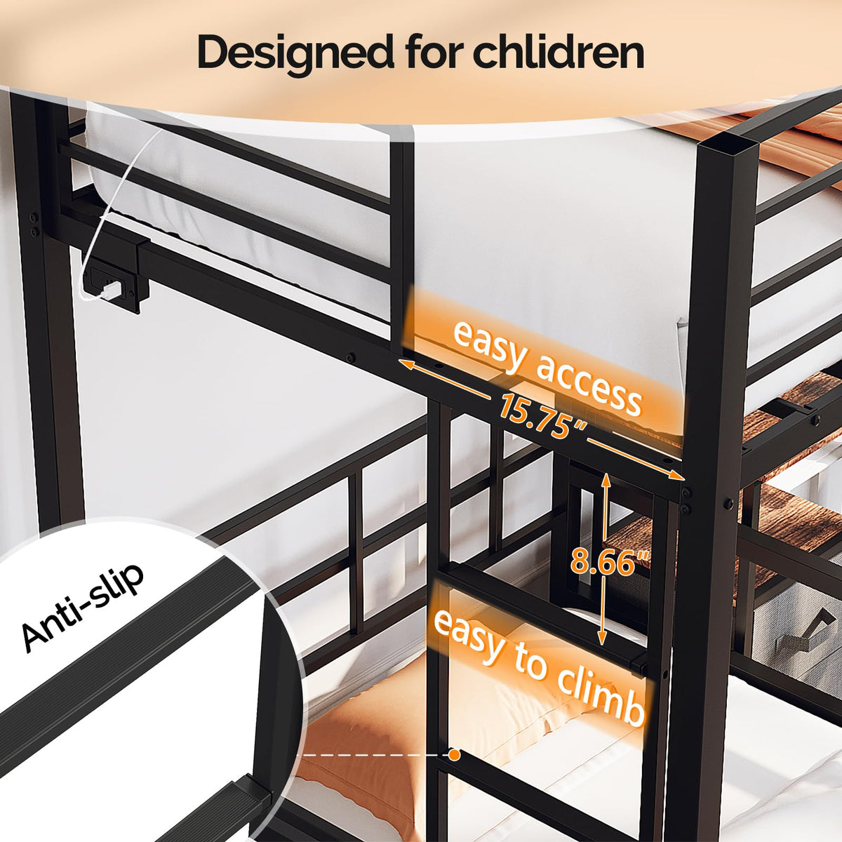 VINGLI Twin Over Twin Bunk Bed with Desk, 15'' Extra High Guardrail Loft Bed with LED Lights,2 Charging Station,and 2 Storage Drawers,2 Deckers Bed,Metal Space Saving Platform Bed with Vanity,Black