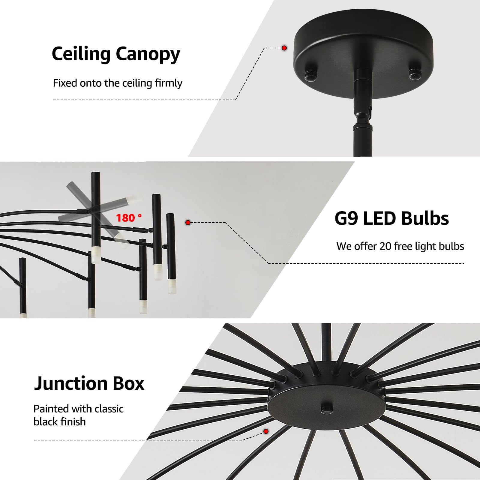 EGM 53 Inch Black Modern Chandelier, 20-Light Mid Century Sputnik Ceiling Light Fixture with G9 Bulbs, Large LED Chandeliers for Bedroom Dining Room, Round Pendant Light for Kitchen Island Foyer