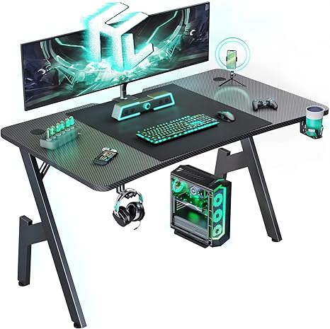 HLDIRECT 47 Inch Gaming Desk, Large Computer Gaming Desk Table with Cable Management, Ergonomic Carbon Fiber Gamer Table Pc Work Home Office Desks with Cup Holder & Headphone Hook & Mouse Pad, Black