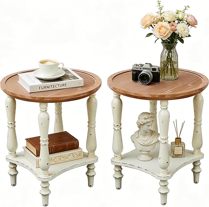 Round 2-Tier End Table, 23.6" Vintage French Country Side Table