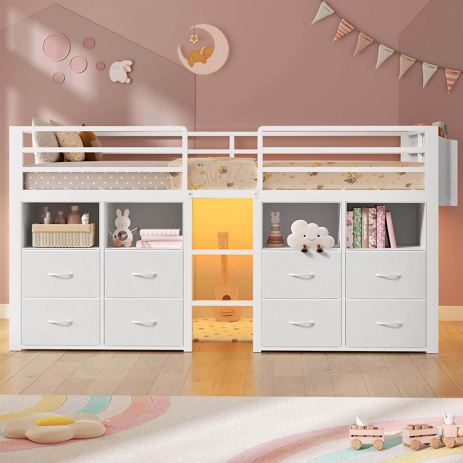 Kids Low Loft Bed Twin with Storage Drawers & LED Lights