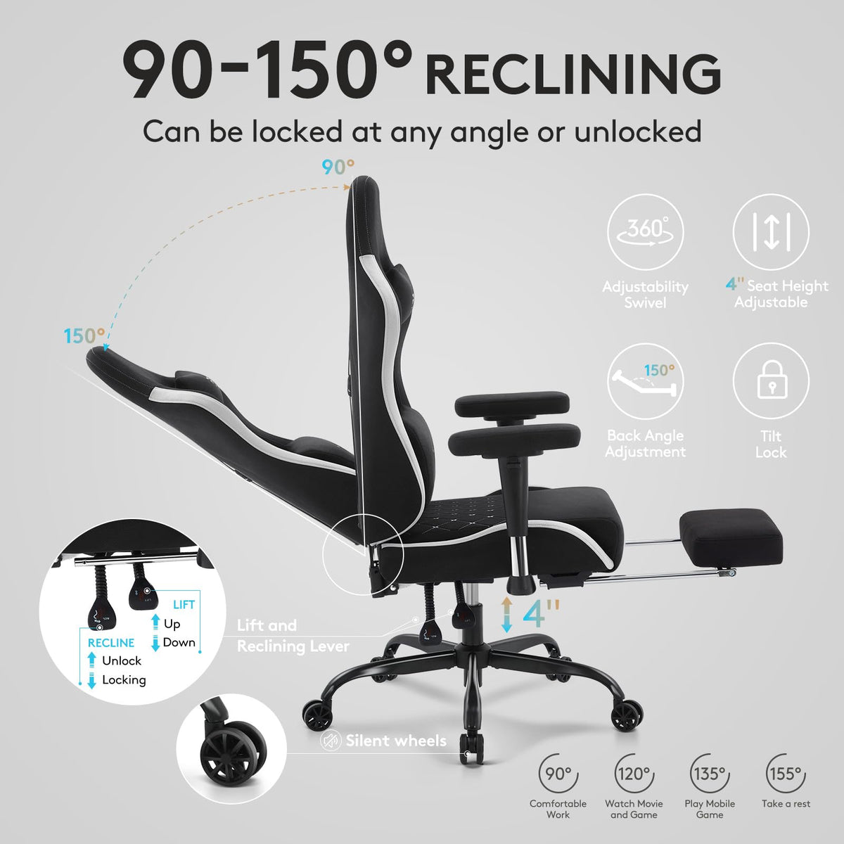 Morkprism Gaming Chair,Office Chair with Massage,Gel Pad,Black Grey