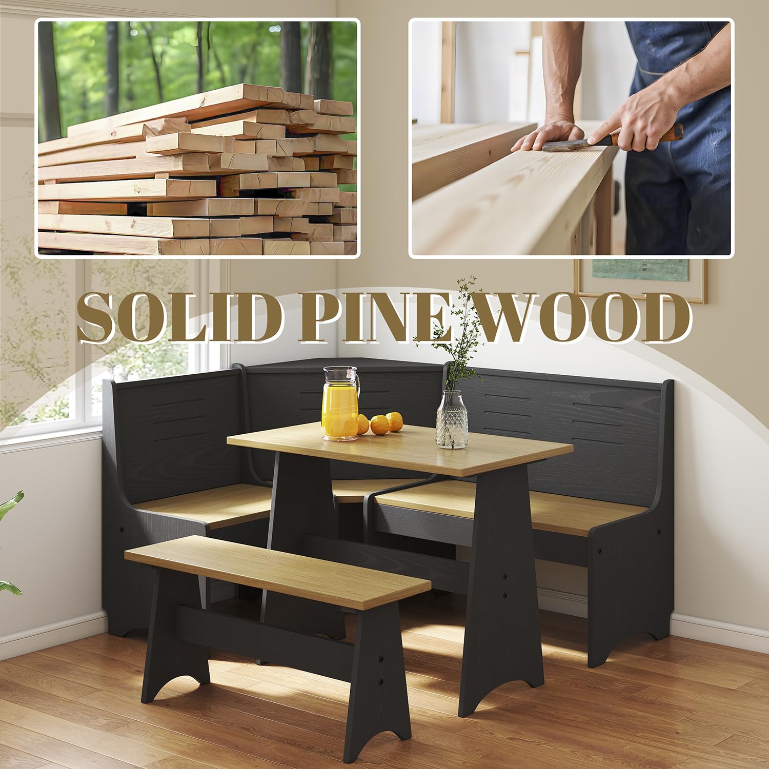 Breakfast Nook Kitchen Corner Dining Table Bench Chair Set, Hidden Storage Space-Saving 3-4 Seat L-Shape Farmhouse Mid Century Modern Style for Family Home Black Wood
