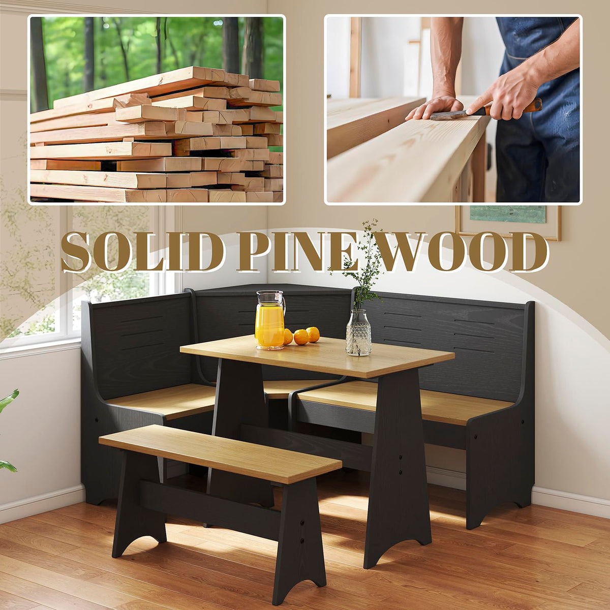 Breakfast Nook Kitchen Corner Dining Table Bench Chair Set, Hidden Storage Space-Saving 3-4 Seat L-Shape Farmhouse Mid Century Modern Style for Family Home Black Wood