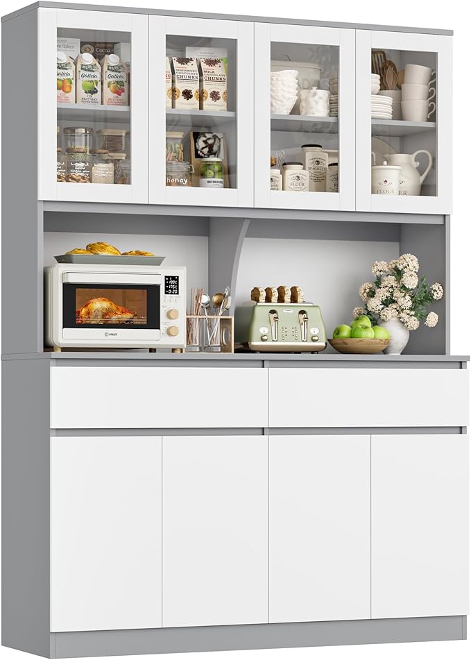 Kitchen Pantry Storage Cabinet with Glass Doors