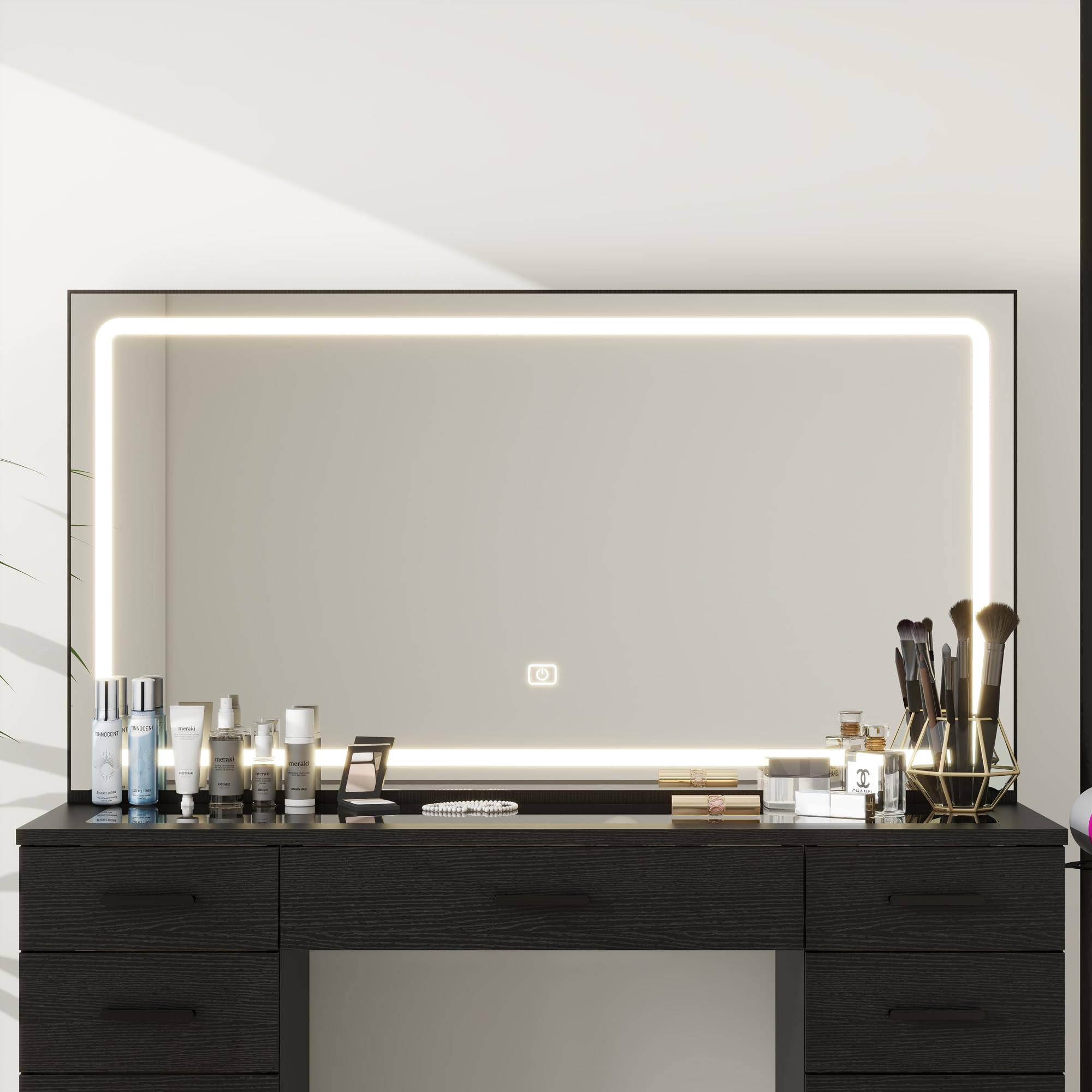 Panana Vanity Desk with 11 Drawers, Glass Top Makeup Table with Mirror and LED Lights Vanity with Stool 3 Lighting Modes Brightness Adjustable Dressing Table with Power Outlet (Black)