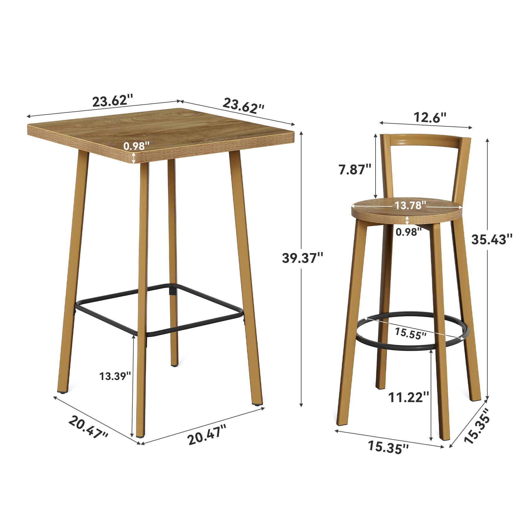 Bar Table and 2-Chair Set with Footrest, Oak